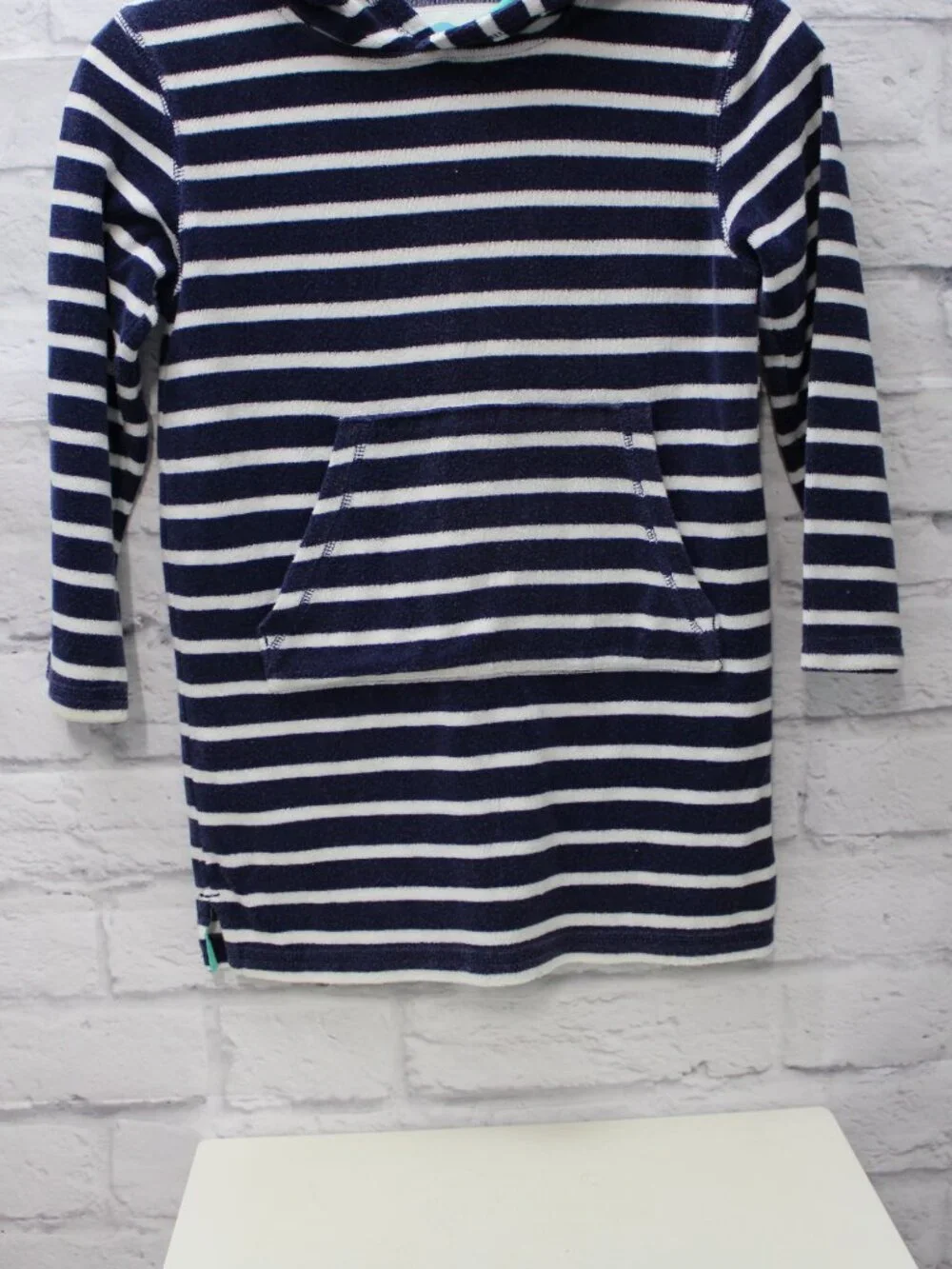 Mini Boden Girls Navy Striped Terry Cloth Hoodie Cover Up 7-8Y Summer Pool Beach